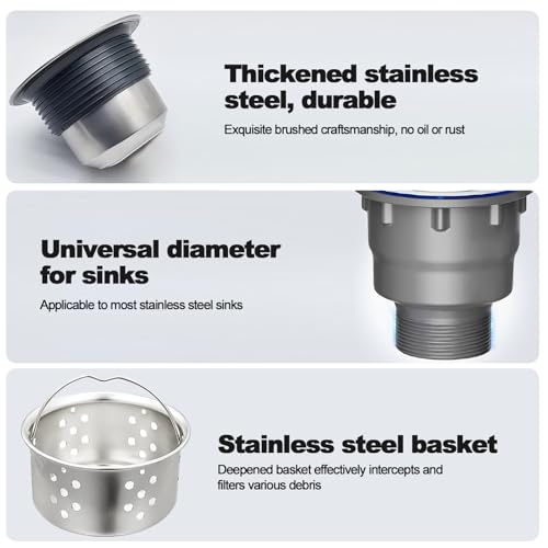 3-1/2 ‘’Kitchen Sink Drain Assembly Kit 304 Stainless Steel Sink Strainer Drain Basket Replacement with Sink Stopper Sealing Lid Fit Standard Sink Drain Hole for Kitchen Bathroom