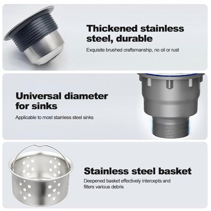 3-1/2 ‘’Kitchen Sink Drain Assembly Kit 304 Stainless Steel Sink Strainer Drain Basket Replacement with Sink Stopper Sealing Lid Fit Standard Sink Drain Hole for Kitchen Bathroom