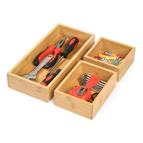Vincona Bamboo Drawer Organizers Set, 3PCS Multi-Use Wood Storage Organizers, Desk Drawer Tray for Kitchen, Bathroom, Office, Dresser, Bamboo Box Bin for Jewelry, Makeup, Junk, Gadgets - size: 3 Grids