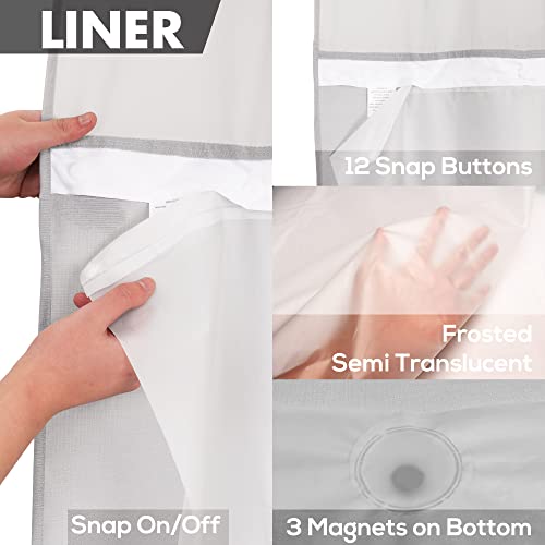 River Dream Extra Long No Hook Shower Curtain with Snap-in Liner, Gray | 71W x 98H, Snap on/off Waterproof PEVA Liner, See Through Top Window, Floor to Ceiling Hotel Style Shower Curtain Set - color: Grey, size: 71"W x 98"L (Pack of 1)