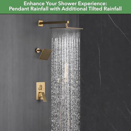 VANFOXLE Shower Faucet Set Brushed Gold Shower System, Push Button Diverter | 10 Inch Wall Mount Rain Head Increased Thick, 6 Inch Side Head, 2-in-1 Handheld Sprayer, Solid Brass Valve, Rust Resistant - color: Brushed Gold