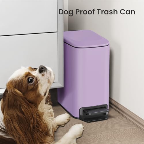 Cesun Small Bathroom Trash Can with Lid, 1.6 Gal, Soft Close, Purple | Step pedal soft close, Slim 5.9in fits narrow spaces, Stainless steel, Anti-fingerprint, Removable inner bucket, Odor seal - color: Purple