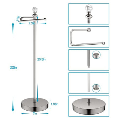 ROLABAM Toilet Paper Holder Stand with Crystal Head, Brushed Nickel Toilet Paper Holder Free Standing 24.4" H, Stand Up Toilet Paper Roll Holder for Bathroom, Floor Toilet Paper Storage - color: Brushed Nickel
