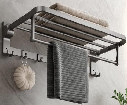 Mustorn Bathroom Towel Rack with Towel Bar and Hooks 23.6 in Foldable Towel Shelf Wall Mounted Lavatory Towel Organizer Modern Gray Finish - color: Matte Gray