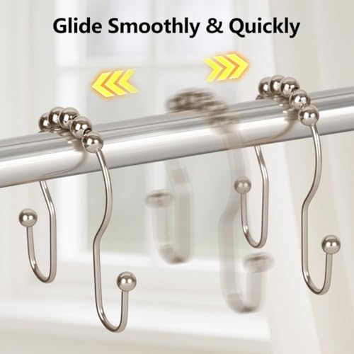 Resze Double Shower Curtain Hooks, Sturdy Metal Nickel Shower Curtain Rings, Glide Roller Shower Hooks,Rust Proof Anti-Drop Curtain Hooks, 12 Pcs Smooth Sliding Rings for Bathroom Shower Rods Curtains - color: Nickel