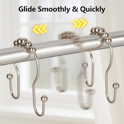 Resze Double Shower Curtain Hooks, Sturdy Metal Nickel Shower Curtain Rings, Glide Roller Shower Hooks,Rust Proof Anti-Drop Curtain Hooks, 12 Pcs Smooth Sliding Rings for Bathroom Shower Rods Curtains - color: Nickel