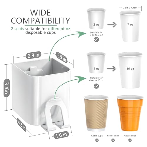 Cup Dispenser for Water Cooler Wall Mount 2 Seats, White | Holder for 2-16 OZ Paper & Plastic Disposable Cups, Adhesive Cup Holder for Water Cooler, Coffee Station, Office, Bathroom - color: White