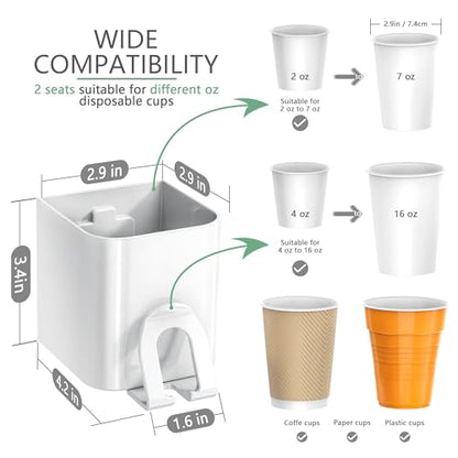 Cup Dispenser for Water Cooler Wall Mount 2 Seats, White | Holder for 2-16 OZ Paper & Plastic Disposable Cups, Adhesive Cup Holder for Water Cooler, Coffee Station, Office, Bathroom - color: White