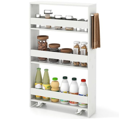 COSTWAY Slim Rolling Storage Cart, 4-Tier Rolling Utility Cart, Wood Kitchen Storage Cart with Handle & Wheels, Narrow Rolling Shelving Unit for Kitchen Bathroom Laundry Small Places (Plain White) - color: Plain White
