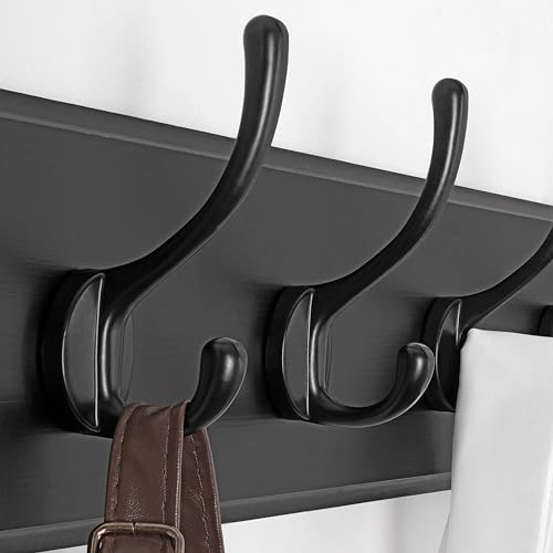 SKOLOO Rustic Wall Mounted Coat Rack, Case of 2, Pine Solid Wood Coat Hook Hanger - 5 Hooks for Hanging Clothes Robes Towels Coats - color: Black Plate & Black Hook, size: 2 Item-5 Hooks