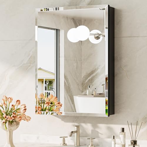 20 x 28 Medicine Cabinet for Bathroom, Black Recessed Medicine Cabinet with Tempered Beveled Mirror, Stepless Adjustable Shelves, DTC Hinge, Recessed/Wall Mounted - color: Black, size: 20x28 in