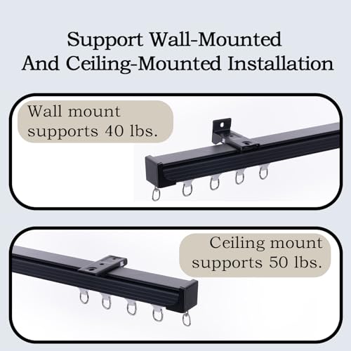 Ceiling Curtain Track 6ft to 9ft, Adjustable Curtain Track Ceiling/Wall Mount, Heavy Duty Aluminum Curtain Track Rods with Roller Hooks - Curtain Rail System for Grommet/Pleated Drape, Black - color: Black, size: 3ft-9ft