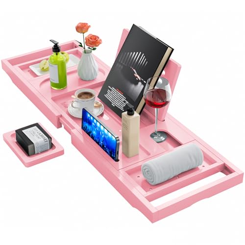 Premium Bathtub Tray Caddy, Expandable Bath Tray | Unique House Warming Gifts, New Home, Anniversary and Wedding Gifts for Couple, Pink - color: Pink