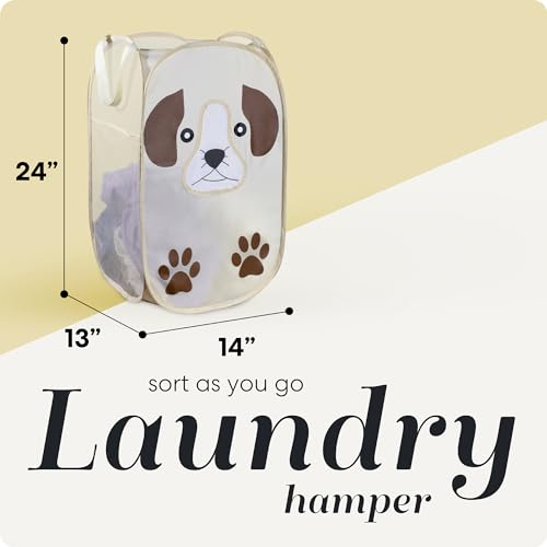 Pop Up Laundry Hamper, Cute Puppy 71L Collapsible Mesh Basket with Handles | Breathable Foldable Clothes Basket, Reinforced Handles, Side Pocket - for Dorm, Travel, Kids Room, Bedroom - Handy Laundry - color: Puppy