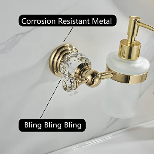 WOLIBEER Crystal Soap Dispenser Wall Mounted, Polished Gold Liquid Soap Holder Bathroom 8.5 OZ Glass Bottle with Pump Stainless Steel