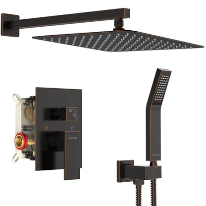 SR SUN RISE Oil Rubbed Bronze Shower System 12 Inches Brass Bathroom Luxury Rain Mixer Shower Combo Set Wall Mounted Rainfall Shower Head System Shower Faucet Rough-in Valve Body and Trim Included - color: Oil Rubbed Bronze, size: 12 Inch