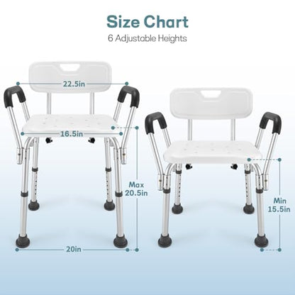 Heavy Duty Shower Chair for Elderly & Disabled with Padded Armrests & Back | Tool-free assembly adjustable height shower seat for inside shower. Provides secure, comfortable support for handicap adults