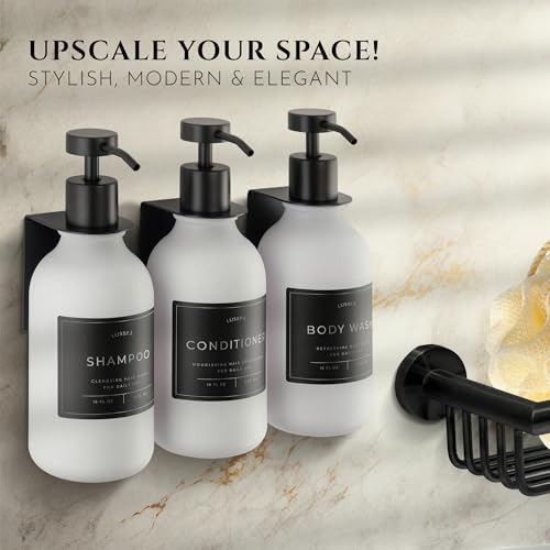 Shower Shampoo Dispenser Wall Mounted – 3 Refillable 16.9 oz White Bottles with Stainless Steel Pumps & No-Drill Adhesive Holders – Soap Dispenser Set for Bathroom (3 X White/Black) - color: 3 X White/Black