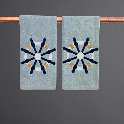 Serafina Home Coastal Nautical Ocean Embroidered Navy White Fingertip Towels, Captains Ship Wheel, Set of 2, 12 x 18 inches, 100% Cotton, - color: Ships Wheel