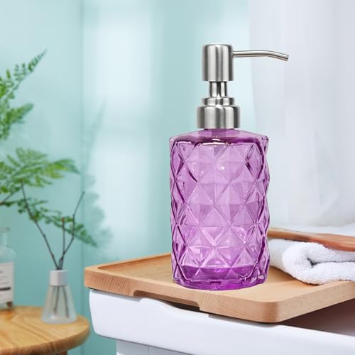 12Oz Purple Glass Soap Dispenser, Liquid Hand Bottle, Stainless Steel Pump | Refillable Clear Kitchen Soap Dispenser with Diamond Design, for Hand soap, Dish Soap, Lotion, Bathroom, Countertop, Hotel - color: Purple Diamond