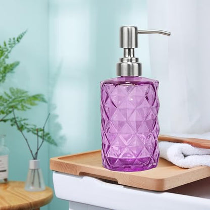 12Oz Purple Glass Soap Dispenser, Liquid Hand Bottle, Stainless Steel Pump | Refillable Clear Kitchen Soap Dispenser with Diamond Design, for Hand soap, Dish Soap, Lotion, Bathroom, Countertop, Hotel - color: Purple Diamond
