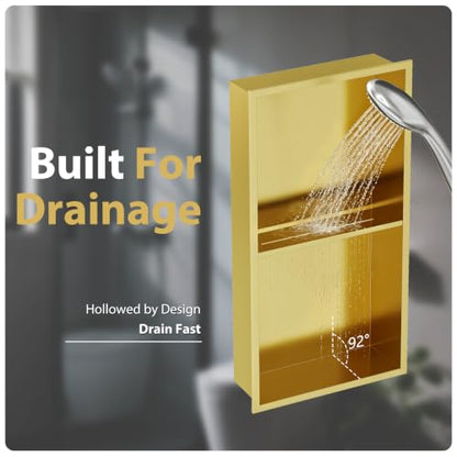Qeke 12" x 24" Stainless Steel Shower Niche w/Double Shelves, Brushed Golden - color: Brushed Golden, size: 12X24"