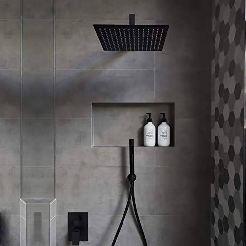 Voolan Rain Shower Head - High Flow Large Rainfall Shower Heads Made of Stainless Steel - Waterfall Bathroom Square Showerhead - Ceiling or Wall Mount (12" Black) - color: Matte Black, size: 12 Inch