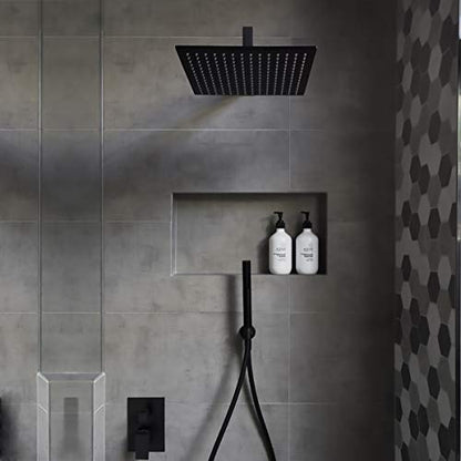 Voolan Rain Shower Head - High Flow Large Rainfall Shower Heads Made of Stainless Steel - Waterfall Bathroom Square Showerhead - Ceiling or Wall Mount (12" Black) - color: Matte Black, size: 12 Inch