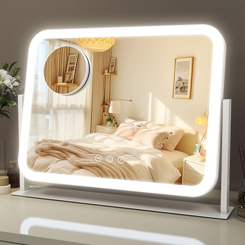 ROLOVE Lighted Makeup Mirror, 17"x13" Vanity Mirror with Lights, 10X Magnification, Gifts for Women, 3 Color Lighting Modes, Smart Touch Control, 360° Rotation for Bedroom or Tabletop (White) - size: 17"L x 13"W