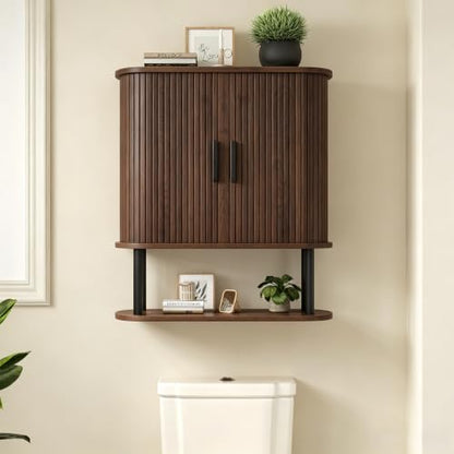 Fluted Bathroom Wall Cabinet, Wall Mounted Medicine Cabinet with Sliding Tambour Door & Adjustable Shelf, 3-Tier Over the Toilet Storage Cabinet for Laundry Room, Kitchen, Walnut - color: Walnut