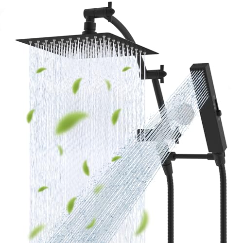Hibbent All Metal CUPC Certified 8'' Rainfall Shower Head, Dual Shower Head Combo, High Pressure Handheld 4 Sprays Shower Wand, 16'' Adjustable Extension Arm, 71'' Hose, Shower Holder, Matte Black - color: Matte Black, style: Square 8''