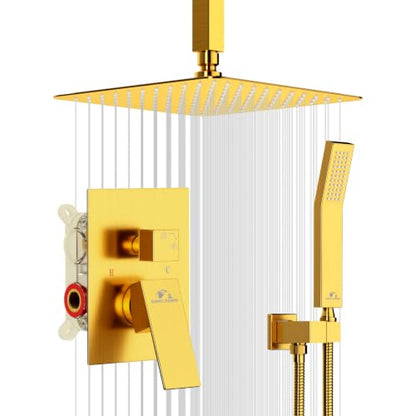 SunCleanse Rainfall Shower System with High Pressure in Brushed Gold | Ceiling mounted shower combo set featuring a 10" square rain head, handheld spray, and rough-in mixer valve with trim. - color: Brushed Gold, style: 10-ceiling