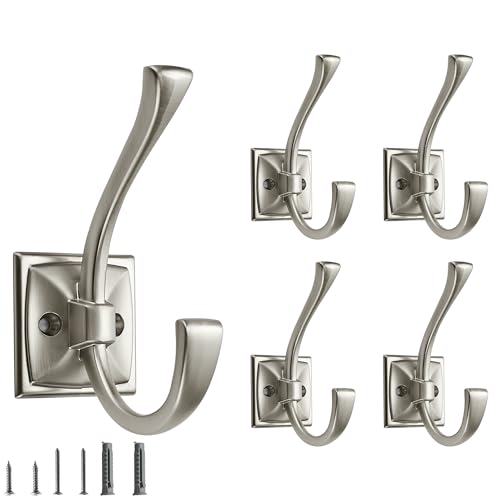 5 Pack Decorative Heavy Duty Towel Hooks for Hanging Robe Double Satin Nickel Coat Hooks Wall Mounted with Screws for Key, Towel, Bags, Cup, Hat - color: Satin Nickel