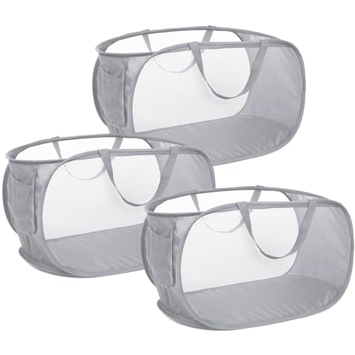 3 Pack Collapsible Laundry Baskets, Foldable Laundry Basket with Pocket, Mesh Pop Up Hampers, Reinforced Handles Dirty Clothes Hamper for Laundry, Bedroom, Bathroom, Dorm, Travel or Camping Grey - color: 3 x Gray