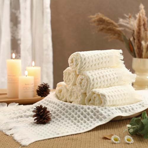 SmoothNovelty 6 Pcs Waffle Hand Towel for Bathroom Kitchen 14 x 30 Inch 100% Soft Cotton Boho Hand Towels Absorbent Decorative Bathroom Towel for Kitchen Hotel Spa Decor Guest Tea Gifts, Beige