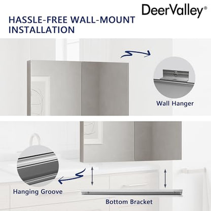 DeerValley 26'' x 30'' Medicine Cabinet with Mirror, Bathroom Mirror with Storage, Surface Frameless Modern Wall Mount Mirrored Medicine Cabinets with Adjustable Shelf DV-1MC0363 - size: 26" x 30"