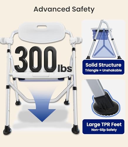 VOCIC Folding Shower Chair for Inside Shower, Lab-Tested 300lbs Heavy Duty Shower Seat for Elderly & Disabled, Flip-Up Arms, Cutout Seat, Height Adjustable Back & Legs, Portable Shower Commode Chair