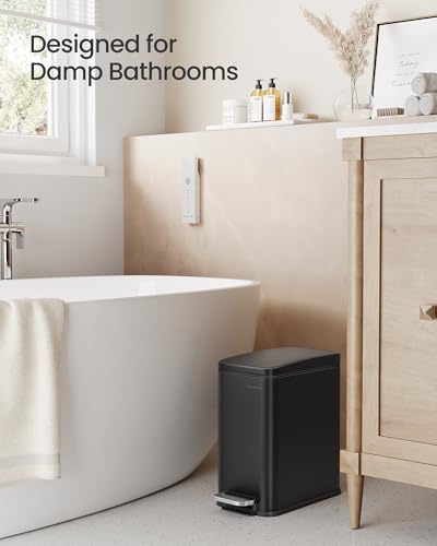 SONGMICS Bathroom Trash Can, 2.6 Gallon (10 L) Small Trash Bin with Lid, Slim for Small Spaces, Stainless Steel Garbage Can, Soft Close, Black ULTB561B10 - color: Black, style: 2.6 Gal.