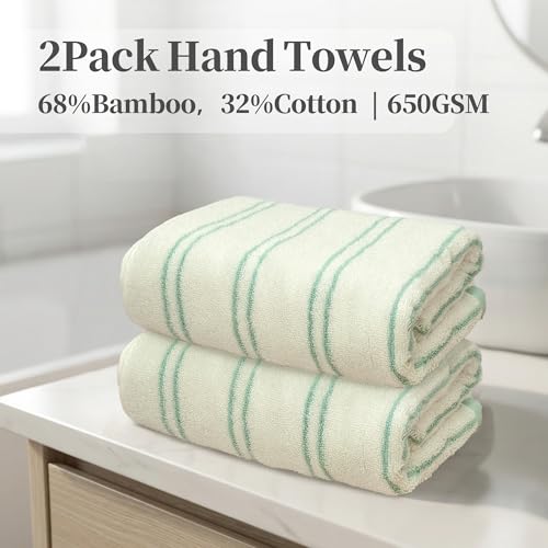 VOOVA & MOVAS Hand Towels for Bathroom Bamboo Set of 2,68% Viscose(Made from Bamboo) 32% Cotton,32x16 Inches,Soft Quick Dry Fluffy Thick Premium Towels for Bathroom Travel,Green - color: Green Striped