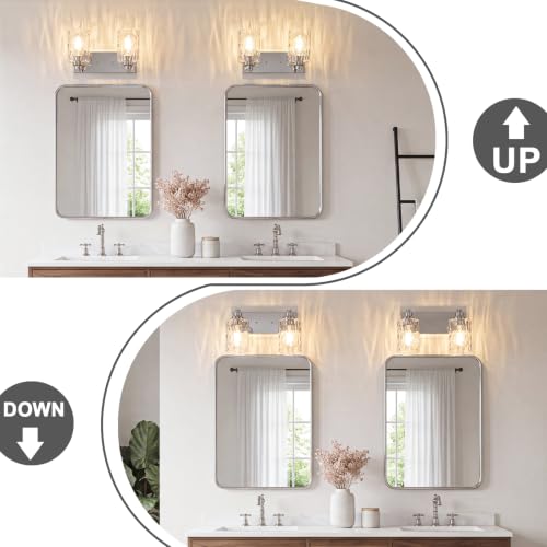 2-Light Bathroom Light Fixtures Modern Chrome Vanity Lights | Easy to Install Clear Hammered Glass Shades, Rippled Glow, Wall Mount Up or Down, E26 Socket, Hardwired, 120V - color: Chrome Hammer, size: 2 Lights