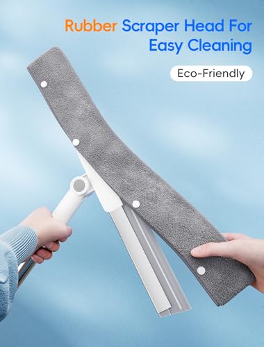 Floor Squeegee Broom with Long Handle, Heavy Duty Rubber Squeegee Kit, Scrubber for Tile Floor, Garage, Concrete with 2 Replacement Heads & 1 Cloth (3-in-1 Set)
