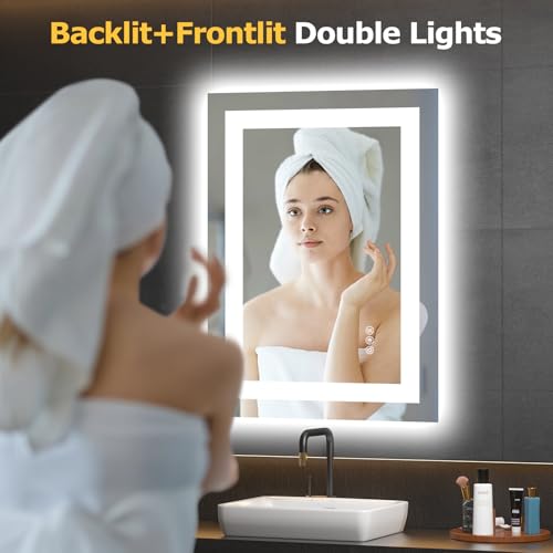 Hivone 28"X20" LED Bathroom Mirror with Lights, Anti-Fog, Dimmable, Backlit + Front Lit, Smart Bathroom Vanity Mirror, Memory Function, Shatterproof, Tempered Glass (Horizontal/Vertical) - size: 28"L x 20"W