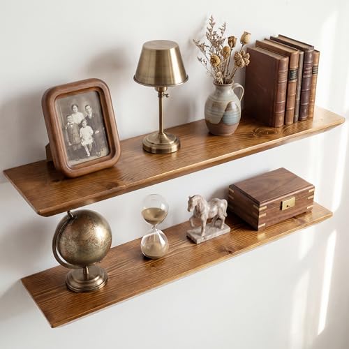 Acovy 30in Solid Spruce Wood Floating Shelves with Beveled Bottom Edges, Wooden Floating Shelf with Heavy-Duty Bracket for Living Room Bathroom Bedroom Kitchen, Rustic Light Brown, Set of 2 - color: Rustic Light Brown, size: 30"-2 Packs