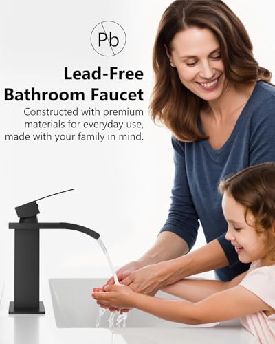Matte Black Waterfall Bathroom Faucet 1-Handle Vanity Faucet | Stainless Steel Modern Bathroom Sink Faucet,Pop-Up Drain, Supply Lines 6-in Deck Plate, 1- or 3-Hole, NSF Certified - color: Black