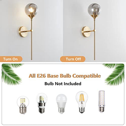 KCO 2 Pack Mid Century Modern Brass Gold Smoke Gray Glass Globe Wall Sconce | E26 Hardwired, Up/Down Mounted, Long Linear Rod, Farmhouse Wall Light Fixture for Bedroom Bathroom Hallway Living Dining Room - color: Smoke Grey