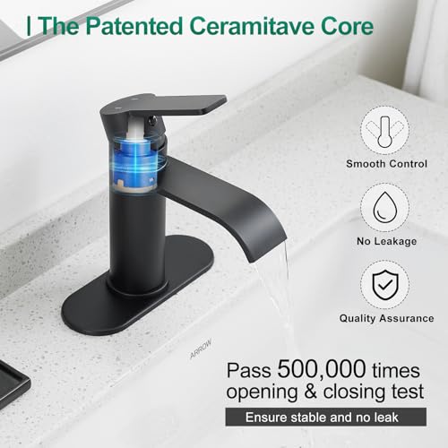 VOTON Bathroom Faucets Matte Black 1 Hole Waterfall with Drain & Deck Plate | Waterfall Spout | Matte Black | Lead-Free SUS 304 | Pop-Up Drain | 1/3 Hole Install | 6 in Deck Plate - color: Black