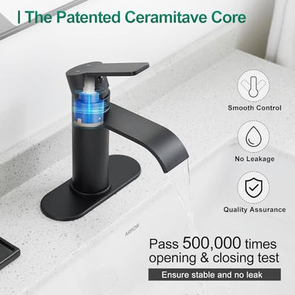 VOTON Bathroom Faucets Matte Black 1 Hole Waterfall with Drain & Deck Plate | Waterfall Spout | Matte Black | Lead-Free SUS 304 | Pop-Up Drain | 1/3 Hole Install | 6 in Deck Plate - color: Black
