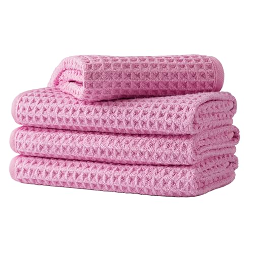 Microfiber Waffle Face Towels, 4 Pieces, Soft, Absorbent, Fast Drying, Lint Free 430 GSM (Pink) - color: Pink