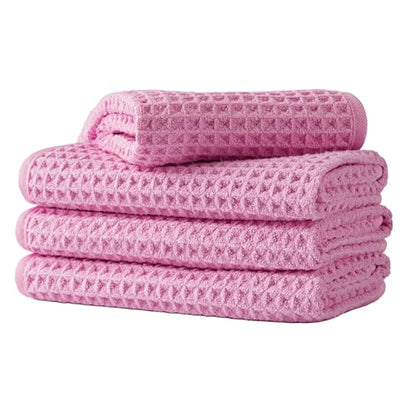 Microfiber Waffle Face Towels, 4 Pieces, Soft, Absorbent, Fast Drying, Lint Free 430 GSM (Pink) - color: Pink