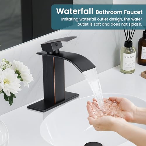 Bathroom Faucets ORB Waterfall Single Handle Bathroom Sink Faucet | with Pop-up Drain & Deck,Supply Hoses,Single Handle Vanity Faucet,Stainless Steel,1 or 3 Hole,RV,Oil Rubbed Bronze - color: A-Oil Rubbed Bronze, style: Short